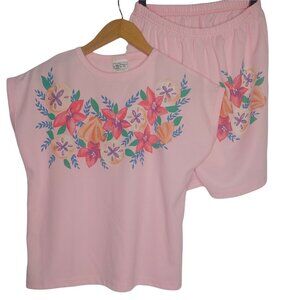 Vintage Haband For Her Medium Shirt Short Set Outfit Light Pink Floral Polyester